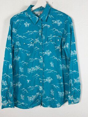 Tin Haul Women's Western Snap Shirt Turquoise Horse Mountain Print Boho Large